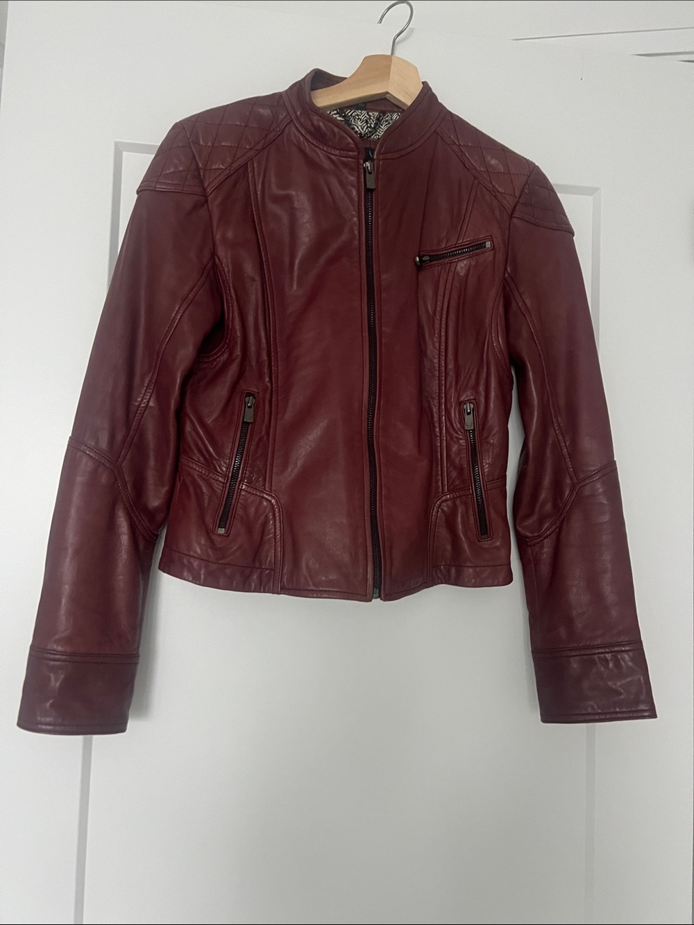 Women's Burgundy Leather Moto Jacket -